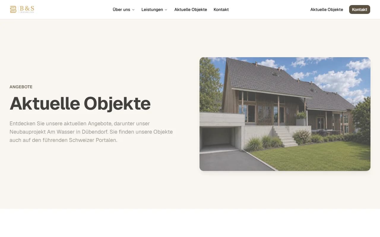 Objektseite von bunds-immobilien.ch mit newhome.ch-Inseraten (Desktop, 1280 Pixel breit)
