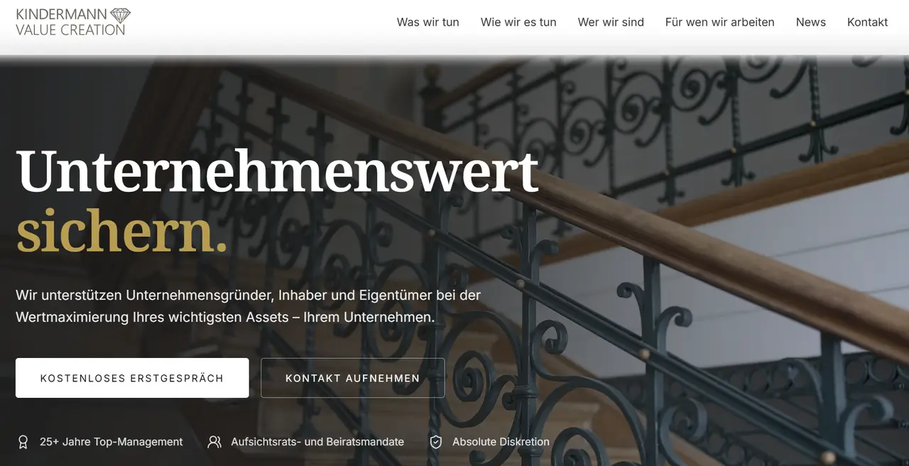 Nachher: neue Startseite von Kindermann Value Creation