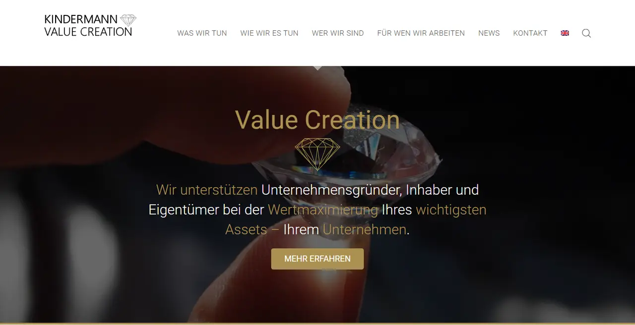 Vorher: bisherige Website von Kindermann Value Creation
